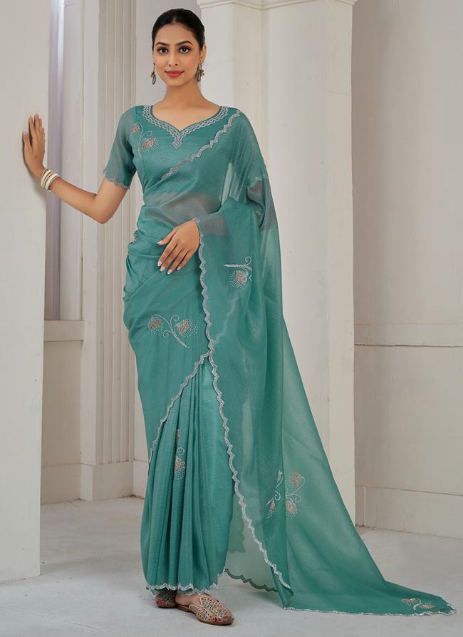 Silk Sea Green Party Wear Hand Work Saree